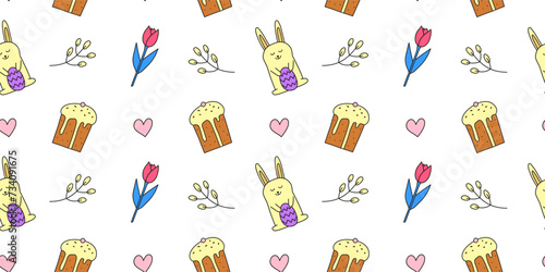 Seamless pattern with doodle Easter icons.