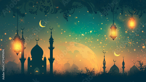 Enchanting Ramadan Night with Lanterns, Crescent Moons, and Mosque Silhouettes




