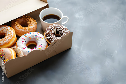 hot coffee. cappuccino. doughnuts, donunts, with icing sugar. Box of donut, copy space, minimalistic. Chocolate, glazed with sprinkles. Pink and caramel, dessert or pastry, junk or fast food