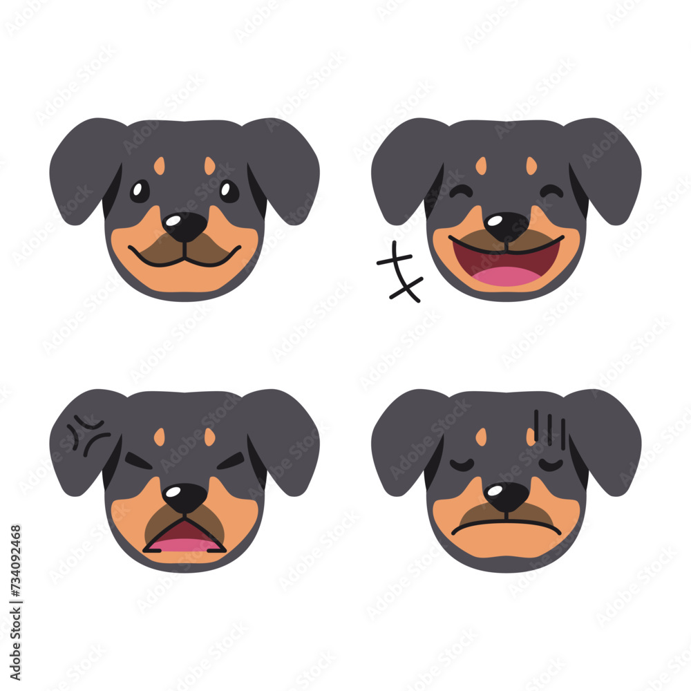 Set of cute character rottweiler dog faces showing different emotions for design.