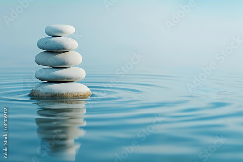 A perfectly balanced stack of smooth, rounded zen stones emerges from the calm, clear blue water, creating a peaceful and harmonious backdrop