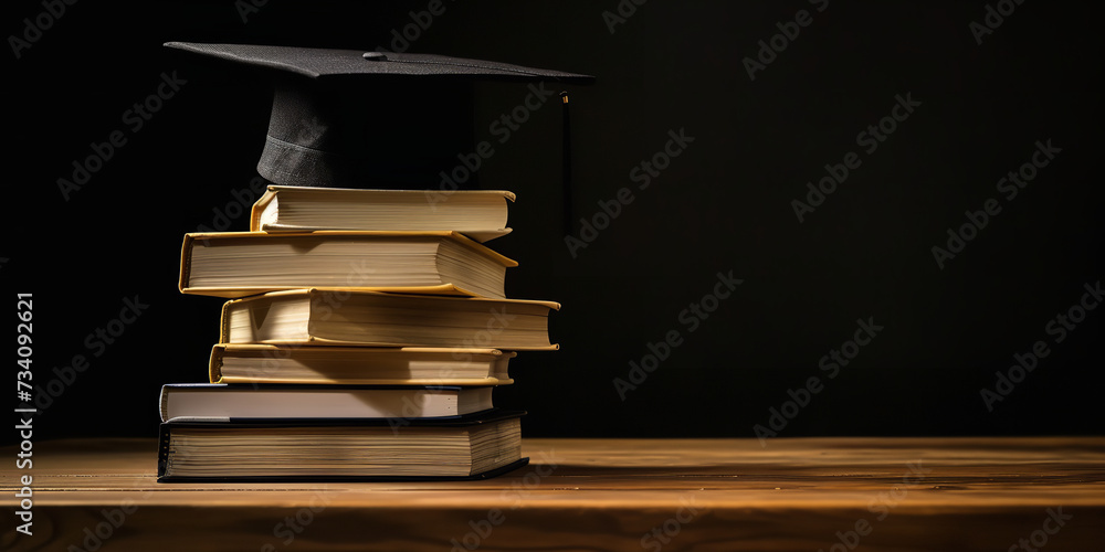 a stack of book with mortarboard on top of it, wooden table and black background a stack of book with mortarboard on top of it, wooden table and black background