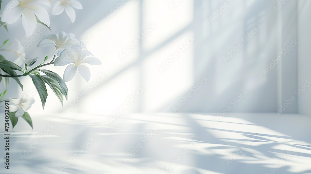 Abstract white studio background for product presentation. Empty room with shadows of window and flowers and palm leaves Abstract white studio background for product presentation. Empty room with shadows of window and flowers and palm leaves