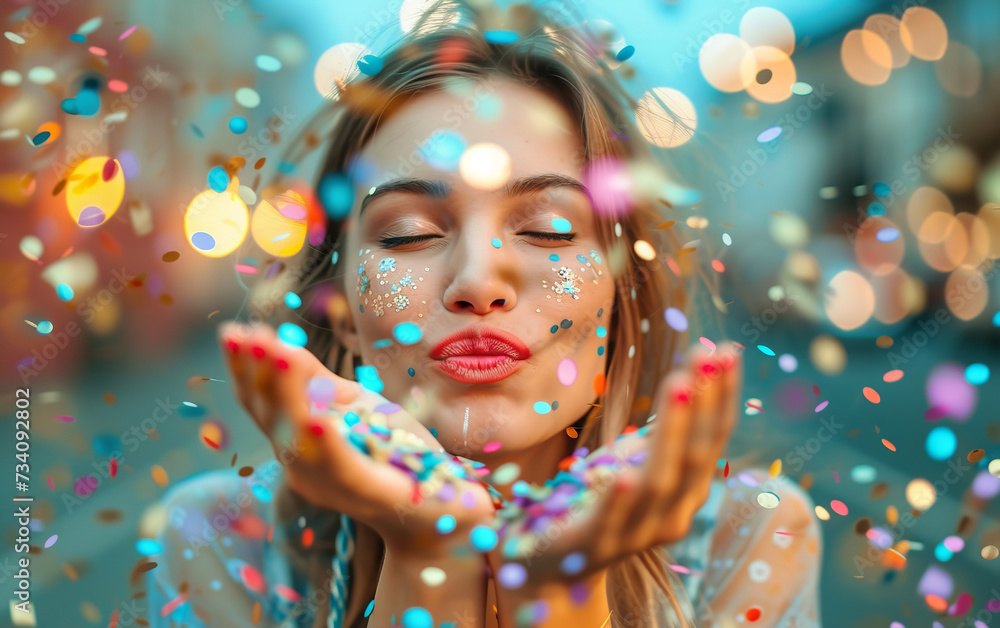 beautiful defocused woman blow confetti from hands. celebration and event concept beautiful defocused woman blow confetti from hands. celebration and event concept