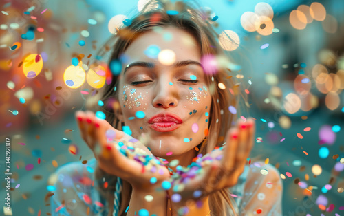 beautiful defocused woman blow confetti from hands. celebration and event concept