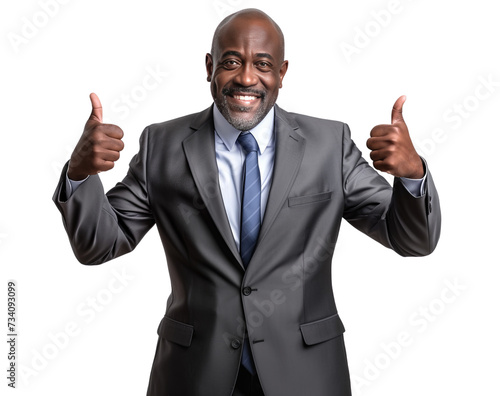 Happy African American businessman pointing both of his thumps up, cut out, isolated on transparent background