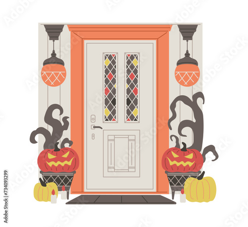 Entrance door decorated for Halloween, cartoon carved pumpkins and candles near front door, vector autumn holiday porch
