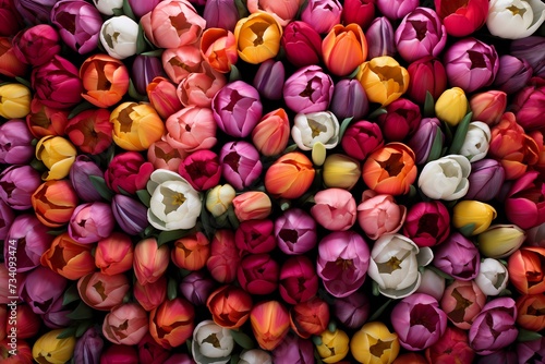 Top view of a bed of tulips, the colorful blooms forming a visually striking space for your heartfelt words. © Kanwal