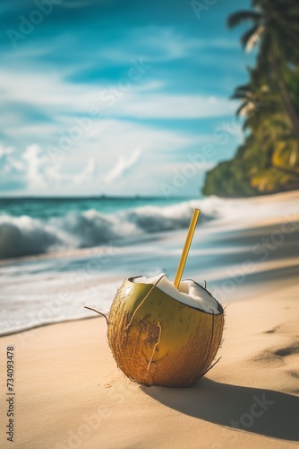 tropical beach concept with a cocont fruit and beach views.