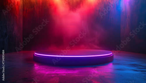 Empty stage, podium, place for product. Colored neon lights. 3d rendering image © Nate