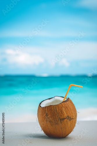 coconut cocktail on tropical beach. Summer holidays concept, copy space