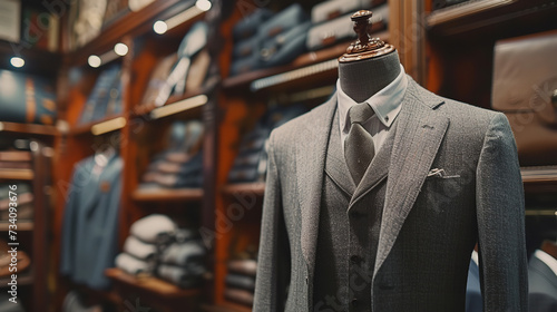 Men's shirt in the form of grey suits on a mannequin in the atelier