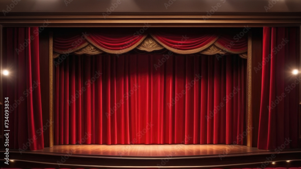 Fototapeta premium A theater stage with a red curtain and a spotlight. cinematic light, space for text in the center, poster template