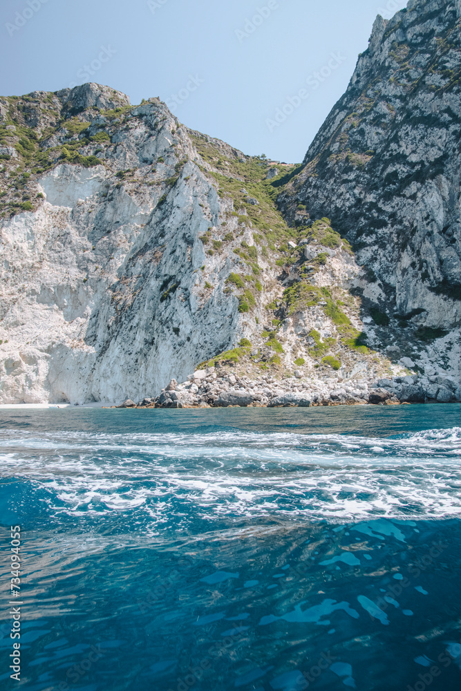 Vertical of a rocky coastline in Corfu, Greece