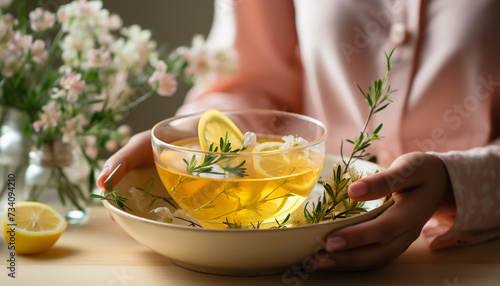 A woman hand holds a fresh yellow lemon bouquet generated by AI