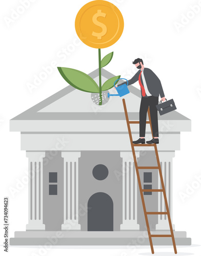 Mutual funds investment, 401K, pension or savings growth, increase wealth, dividends or capital gain profit, interest rate return concept, businessman growing money plant.
