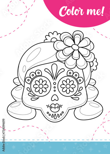 Coloring page for kids with cartoon Mexico woman skull for dia de los muertos holiday.
A printable worksheet, vector illustration.