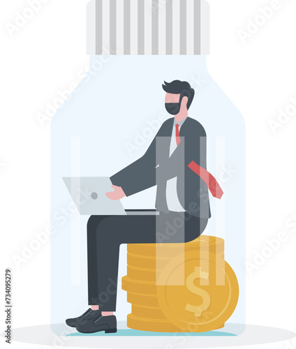 Freedom Concept. businessman working trapped inside of bottle

