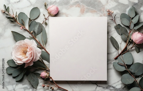 Greeting card mockup and beautiful pink flowers top view on marble background . copy space. Empty blank sheet card mock up for holiday greetings, invitation. Mother's day, birthday