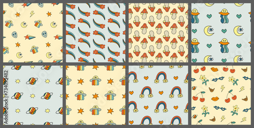 Set of seamless pattern with doodle groovy icons.
