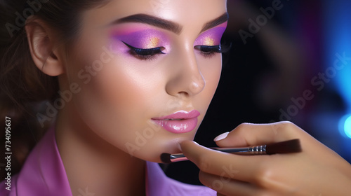 Makeup artist applies eye shadow. Beautiful woma.