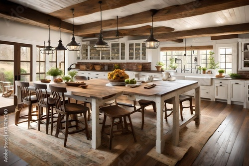 A cozy cottage kitchen featuring a brick fireplace, wooden ceiling beams, and a farmhouse table as the centerpiece.