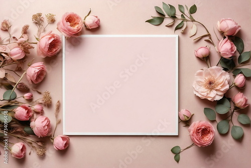 Greeting card mockup and pink roses flowers on pastel pink background with copy space flat lay top view. Empty blank sheet card mock up for holiday greetings. Valentine's day, Mother's day, birthday, 