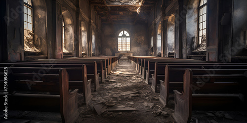 interior of the church of the holy sepulchre, Lost Place bandoned premises an old churche, An Abandoned Church Is Full Of Pews, Inside the ancient chapel, Generative AI photo