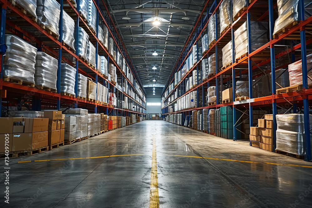 Logistics center interior full of racks with large number packs. Concept of warehouse. The forklift between rows in the big warehouse.