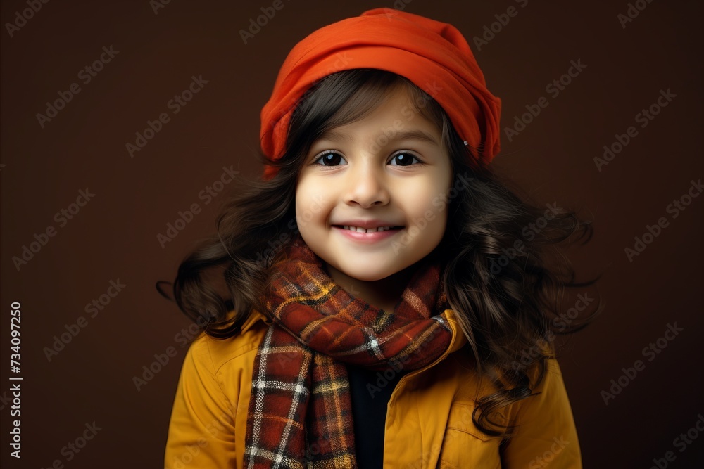 Funny little girl in warm clothes and scarf on brown background. Funny little girl in warm clothes and scarf on brown background.