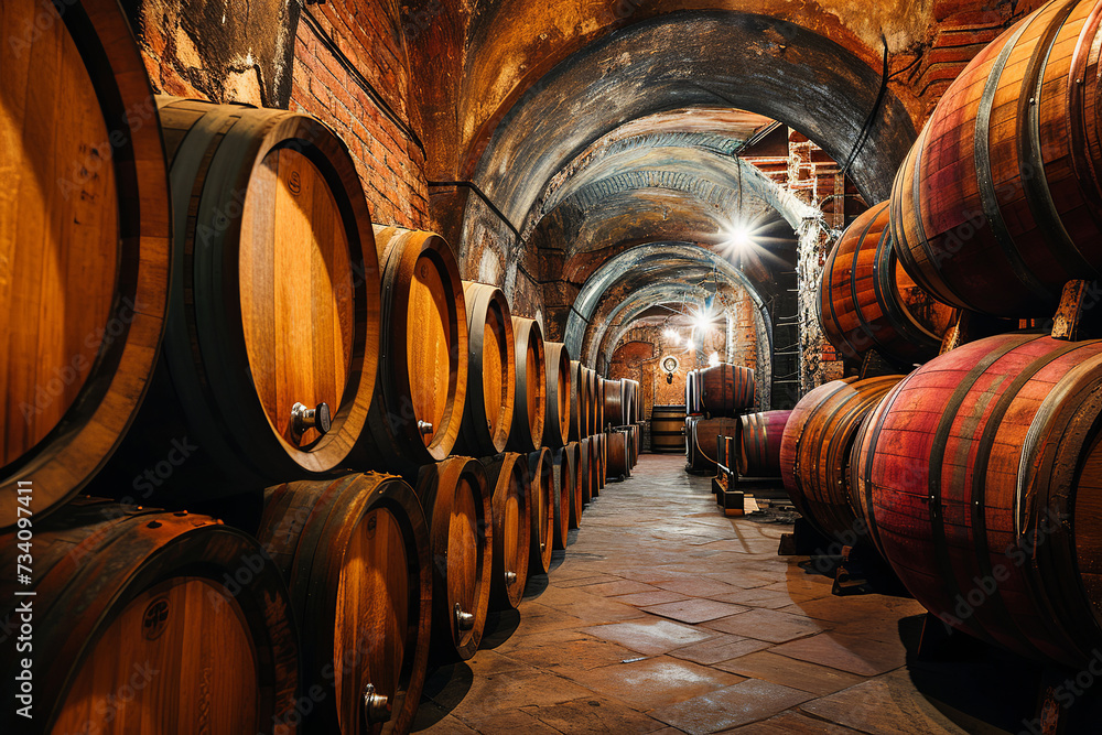 Wine barrels stacked in a cellar. Oak barrels maturing in winery cellar. Winery's Perfect Storage , Delicious Wine.