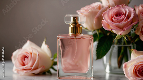 a pink perfume bottle without a label stands on a table in front of a bouquet of blooming roses