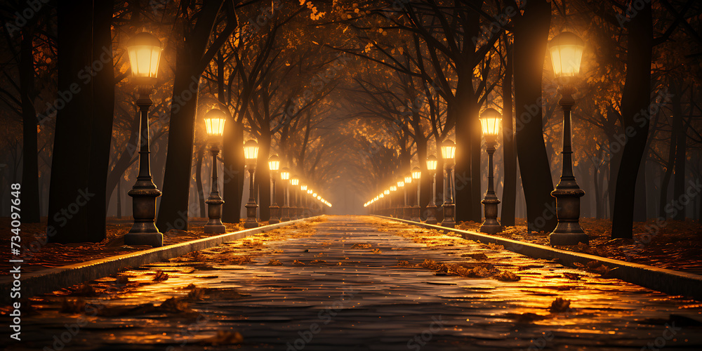 Autumn alley with lanterns in the park at foggy sunrise