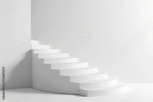 White stairs or steps going up on white wall background  Stair podium showcase design concept . Minimal geometric realistic pedestal with staircase for product.