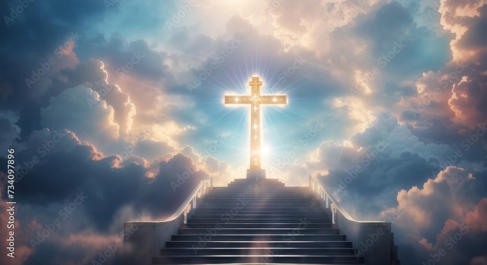 Glowing catholic cross, Surreal light beam sacral illustration Glowing catholic cross, Surreal light beam sacral illustration