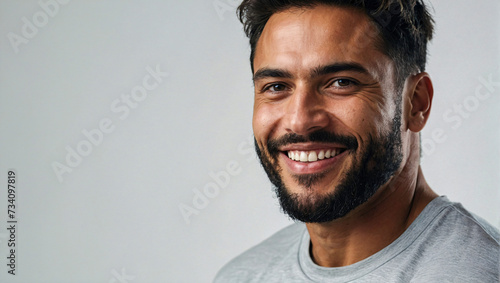 man wearing gym clothes stands confident smiling while looking at the camera on a clean background
