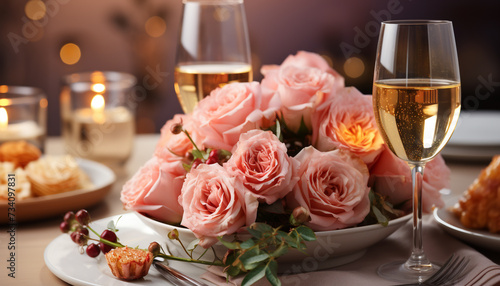 Romantic wedding celebration wine, candle, flower, champagne, elegance, gourmet, love generated by AI
