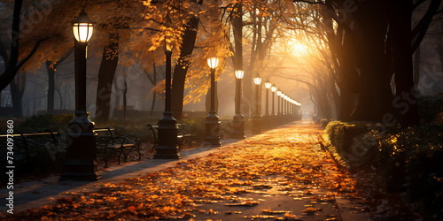 Autumn alley with lanterns in the park at foggy sunrise