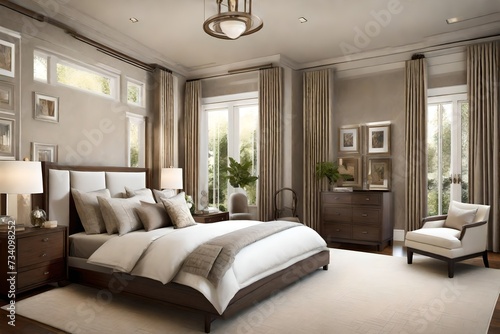 A transitional bedroom with a mix of traditional and contemporary elements  creating a harmonious and balanced design.