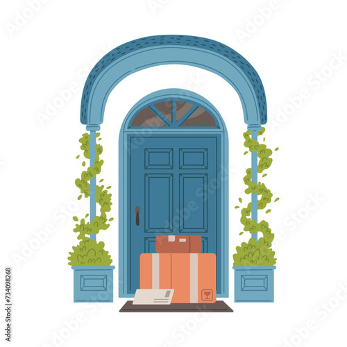Home entrance blue door with arch, climbing plants, cardboard boxes near the door, vector delivery orders on house porch