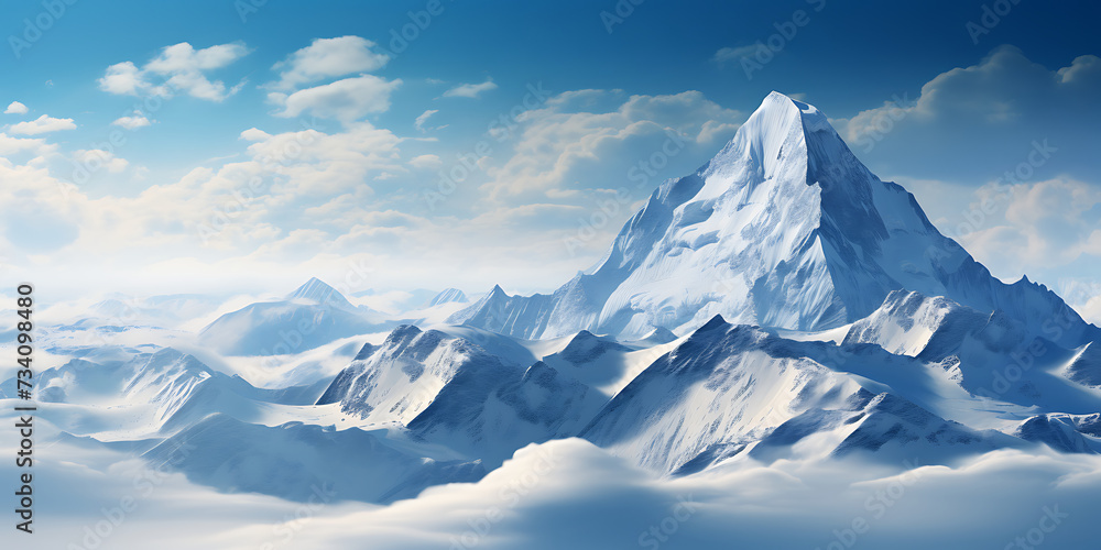 Snowy mountains in the clouds. Panoramic view.
