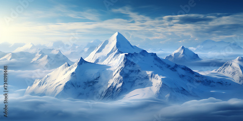 Snowy mountains in the clouds. Panoramic view.