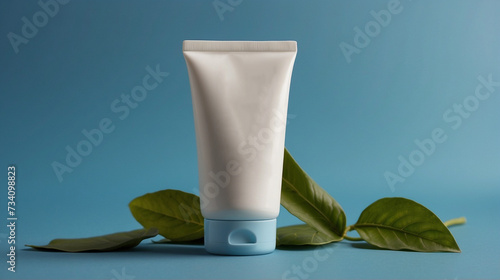 white cream tube on a blue background with green leaves, space for text, banner, prototype