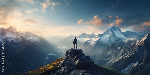 Hiker standing on mountain peak. 3D Rendering. photo