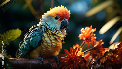 A beautiful macaw perching on a branch in the rainforest generated by AI