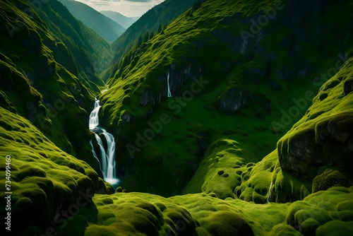A serene cascade descending gracefully down moss-covered cliffs against a backdrop of vibrant, green mountains.