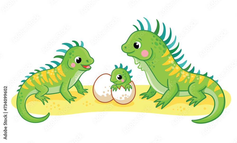 Obraz premium A cute family of iguanas stands on sand on a white background. Vector illustration with cute wild animals in cartoon style.