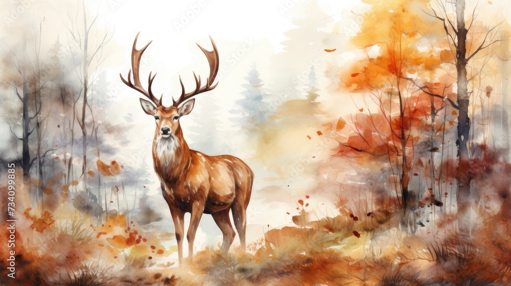 Deer painting on the room wall. watercolor Deer in autumn forest vintage mural. Wall art wallpaper. Deer painting on the room wall. watercolor Deer in autumn forest vintage mural. Wall art wallpaper.