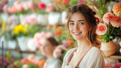 A elegant woman shop owner working with flower. flower showing on background.