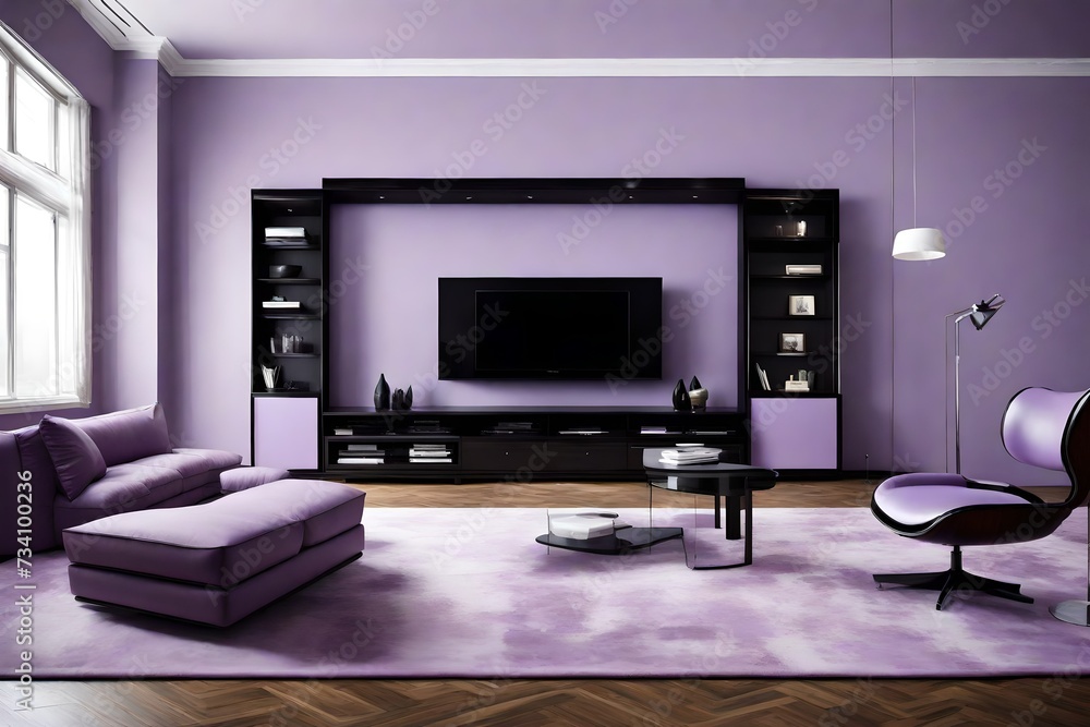 A sleek ebony entertainment center against a soft lavender wall. A sleek ebony entertainment center against a soft lavender wall.